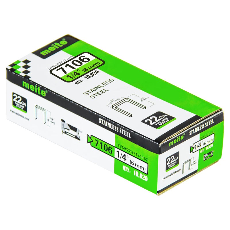 Meite ميتي 71/06 دبابيس تنجيد من الفولاذ المقاوم للصدأ 304 قياس 22، تاج 3/8 بوصة مع طول ساق 1/4 بوصة، دبابيس ثقيلة للإنشاءات، الأثاث، الحرف والمشاريع اليدوية (1 صندوق) - Image 1